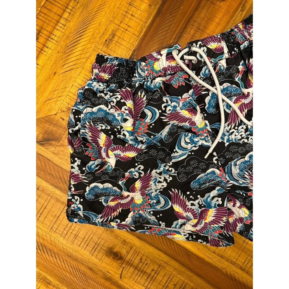 2(X)IST Men’s Medium Swim Trunks Japanese Heron Print Short Lined Drawstring